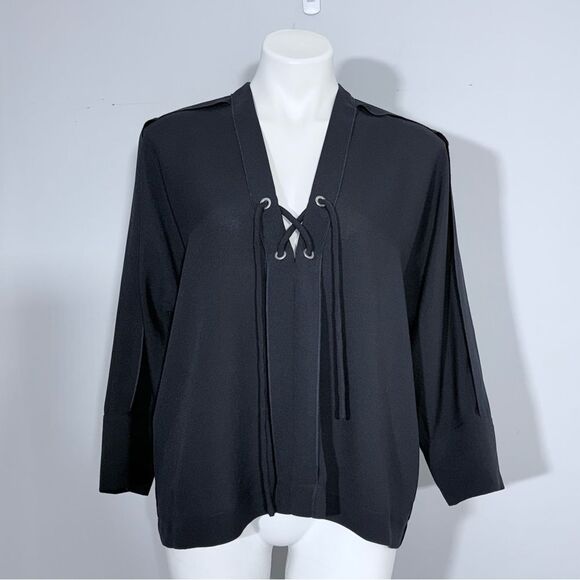 IRO Alis Lace Up Tie Front V-Neck Blouse Top 38 / 6 Navy Boxy Flowy Minimalist - Picture 7 of 16